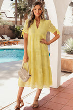 Gingham Textured Bow Tie Tiered Midi Dress