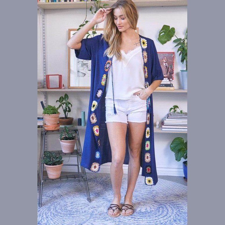 Davi & Dani women's beach cover up cardigan in navy with colorful floral embellishments