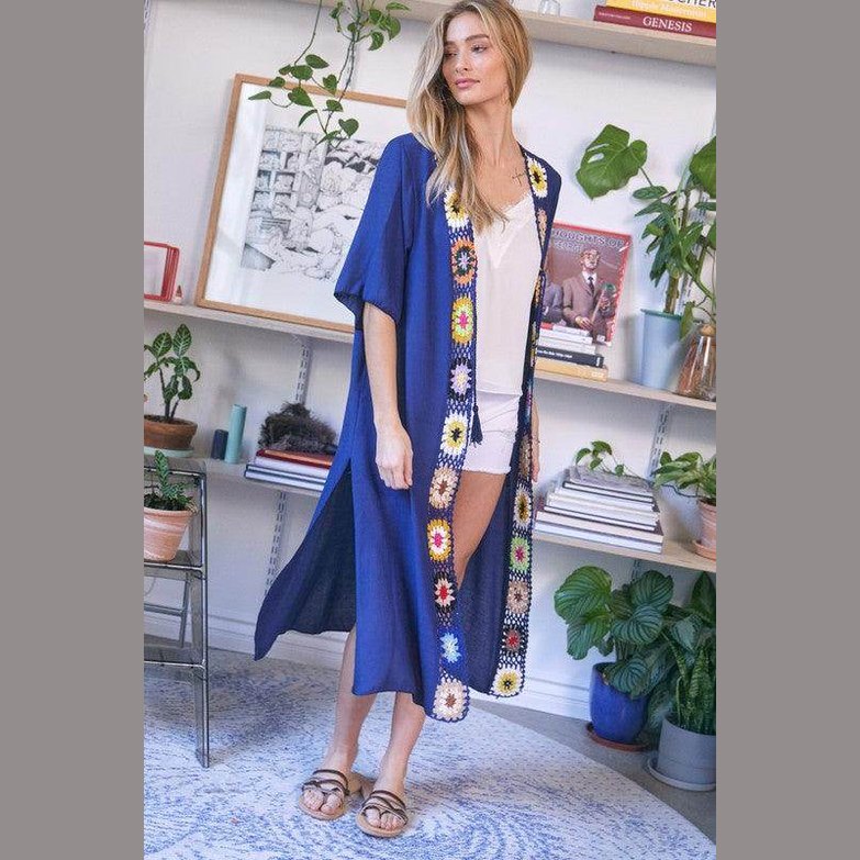 Stylish Davi & Dani beach cover up cardigan in navy with floral trim perfect for summer outings