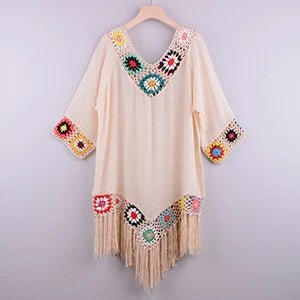Women's cream beach cover up with colorful crochet trim for summer outings