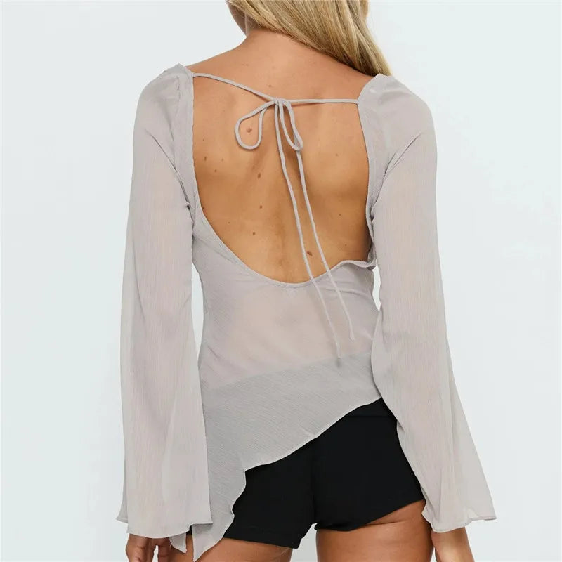 Women's light gray backless cover up for the beach with tie detail