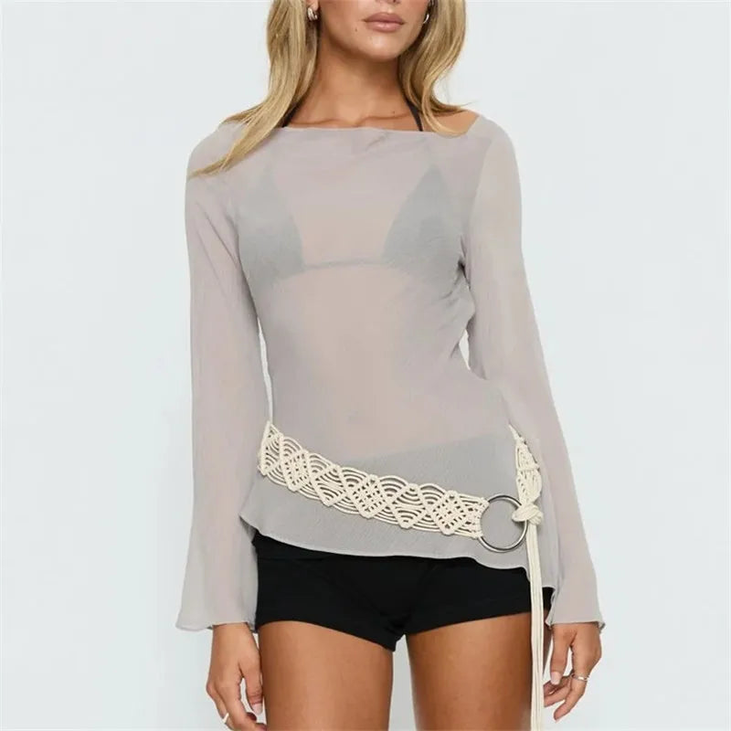 Women's sheer cover up for the beach in light gray with braided belt