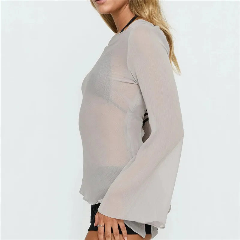 Women's light gray cover up for the beach with long sleeves