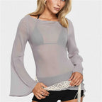 Women's sheer gray cover up for the beach with bell sleeves