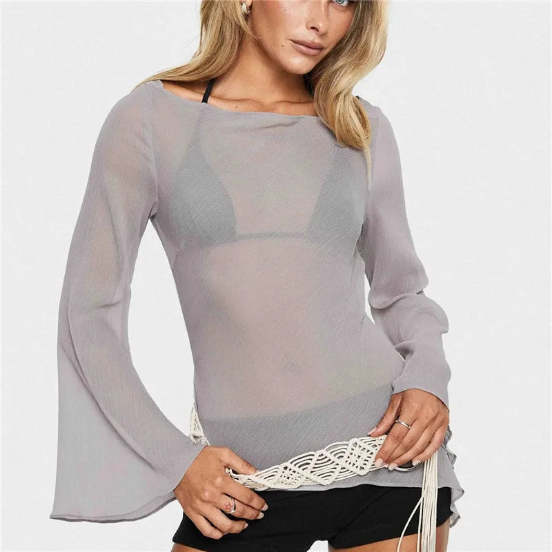 Women's sheer gray cover up for the beach with bell sleeves