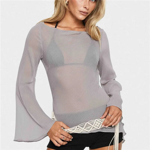 Women's sheer gray cover up for the beach with bell sleeves