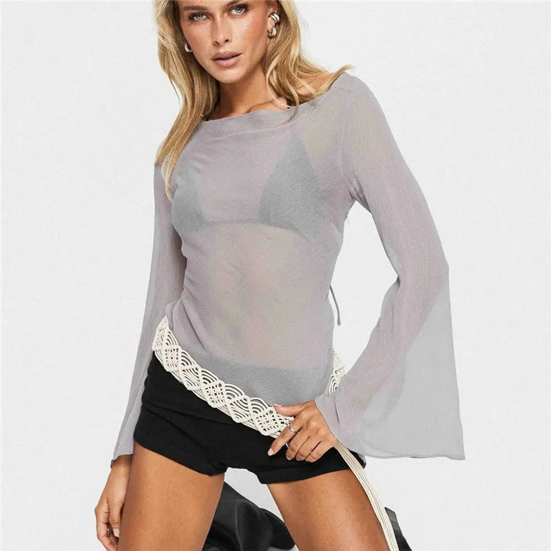 Women's sheer gray cover up for the beach with wide sleeves