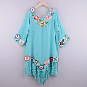 Turquoise crochet cover up for the beach with fringe detailing