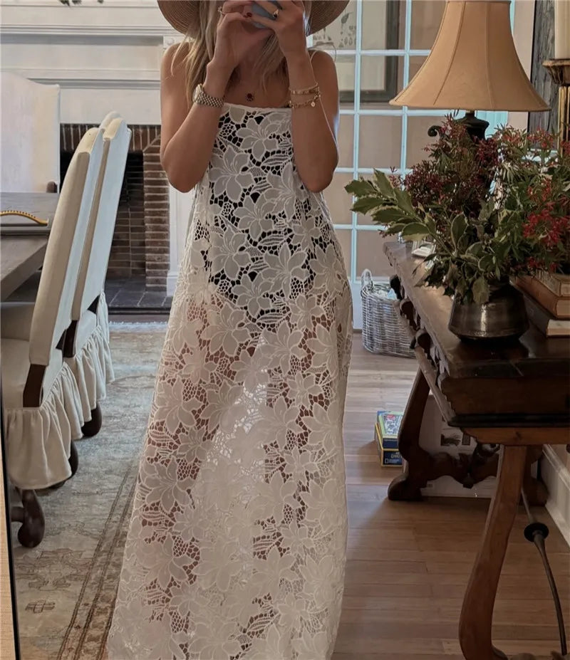 Women's white lace dress cover up for the beach with floral design