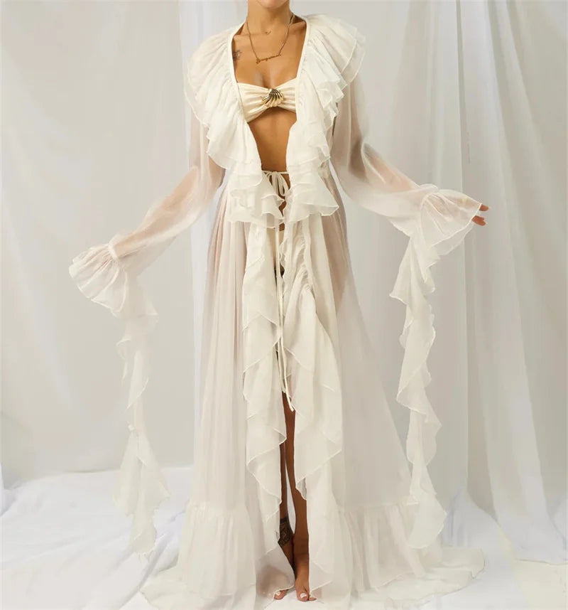 Women's white cover up for the beach with ruffle details