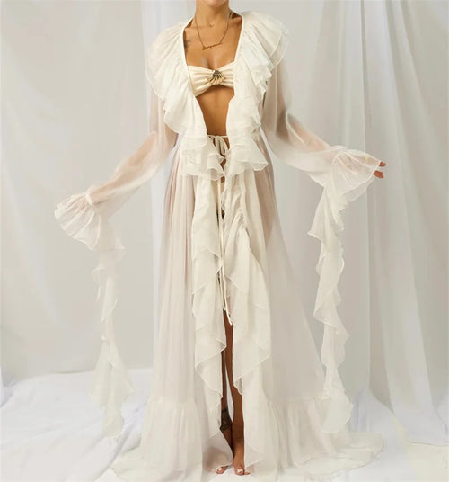 Women's white cover up for the beach with ruffle details