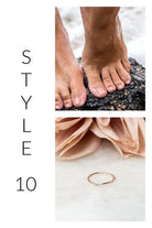 Aili's Corner delicate ring, perfect beach jewelry for vacation, displayed alongside sandy feet at the beach.
