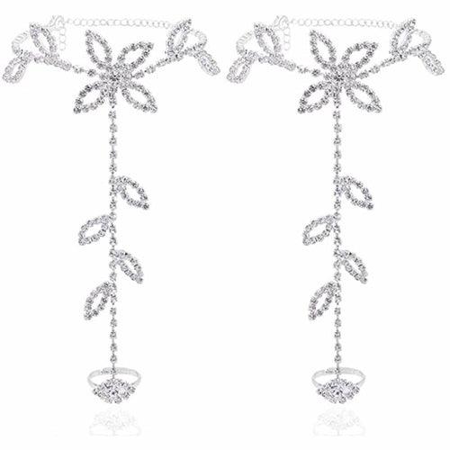 Women's Jewelry - Body Beach Wedding Ankle Bracelet Jewelry w Rhinestone Toe Ring Leaf Bridal
