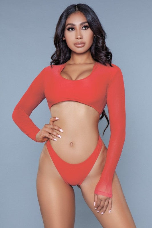 BE WICKED 1980s inspired crop swim set in red with long sleeve scoop crop top and high cut bikini bottoms on model