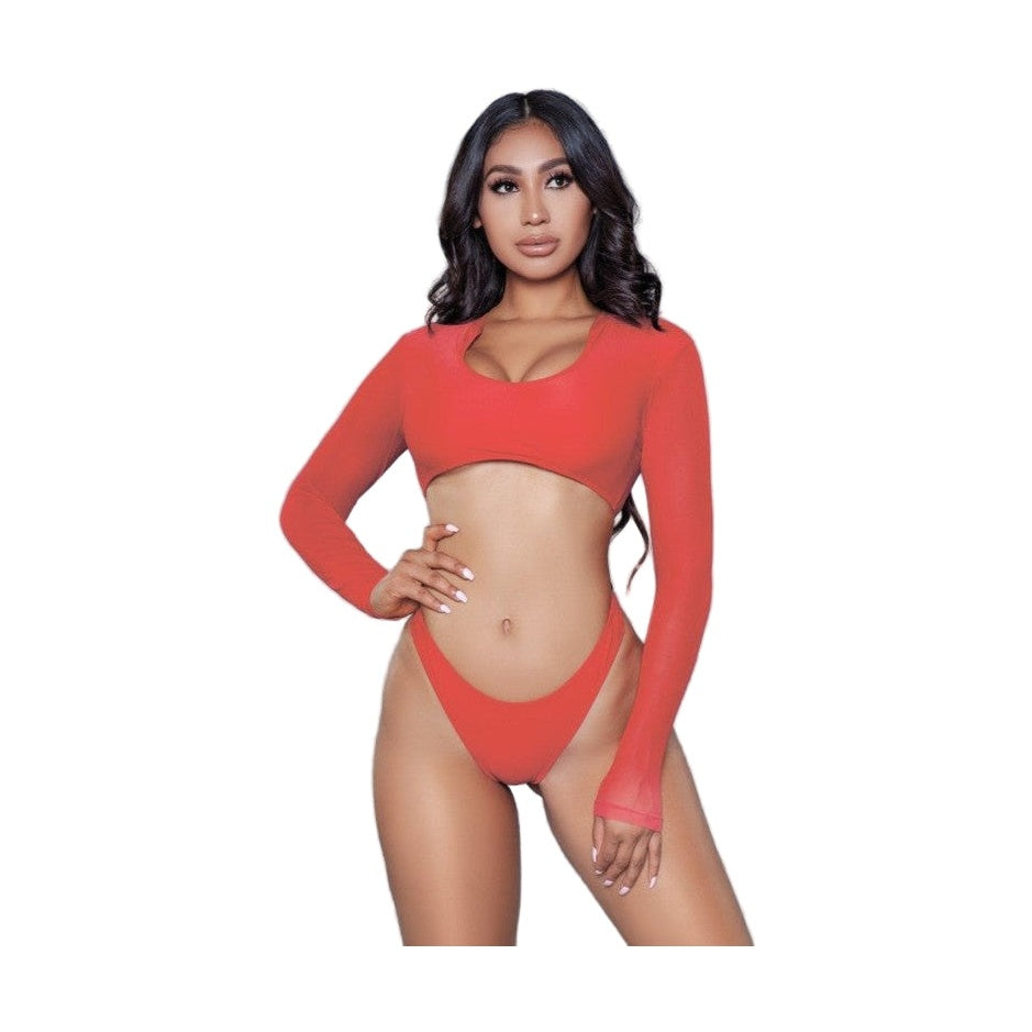 BE WICKED 1980s inspired crop swim set in red with long sleeve scoop crop top and high cut bikini bottoms on model