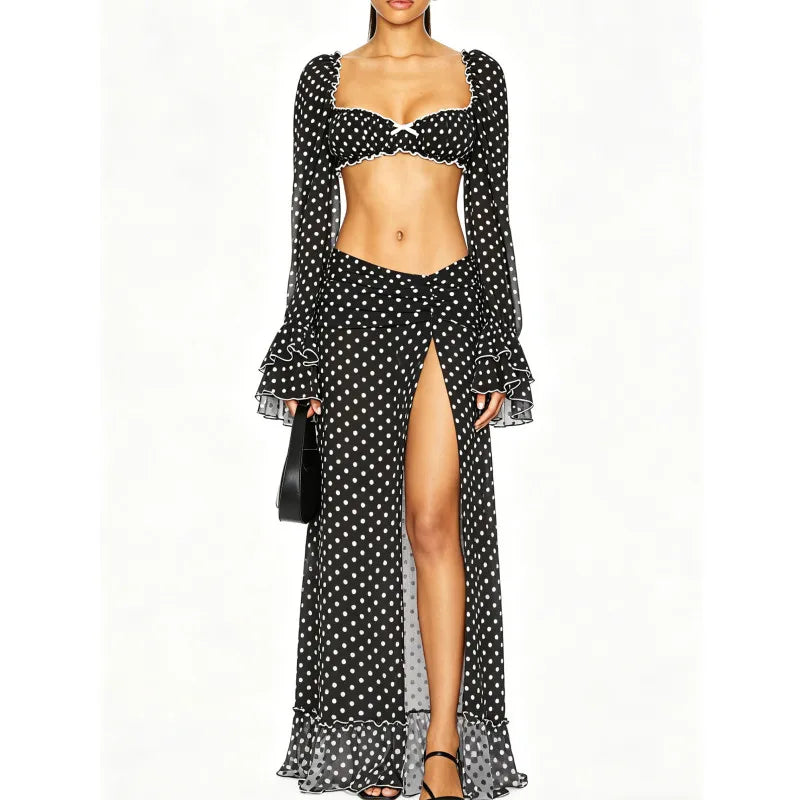 Women's black polka dot beachwear bathing suits with long sleeves