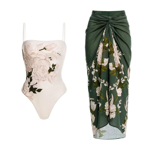 Women's floral one-piece swimsuit and green cover-up, perfect beachwear bathing suits.
