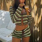 Women's striped beachwear bathing suits, knit two-piece set for summer