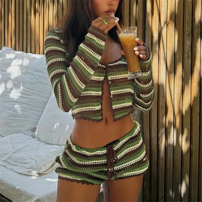 Women's striped beachwear bathing suits, knit two-piece set for summer