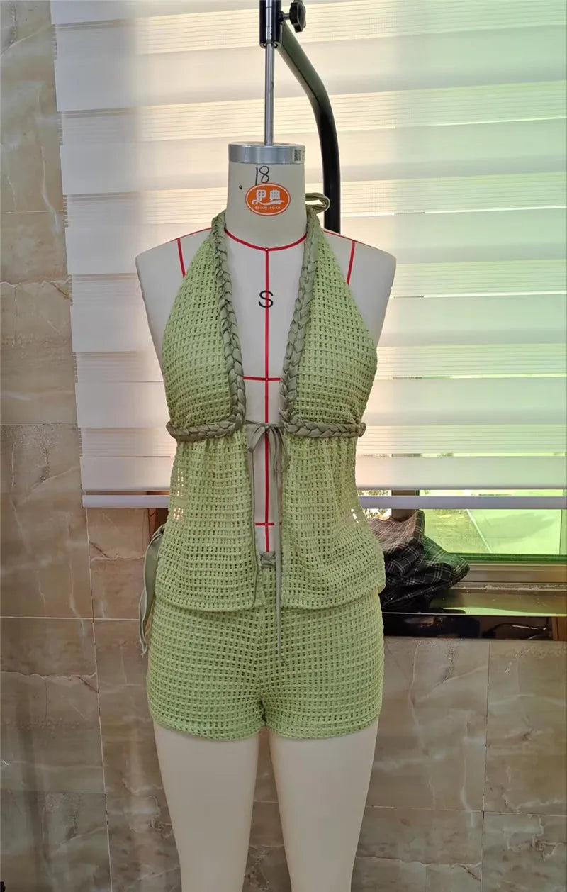 Women's light green beachwear bathing suits, lightweight crochet set for summer