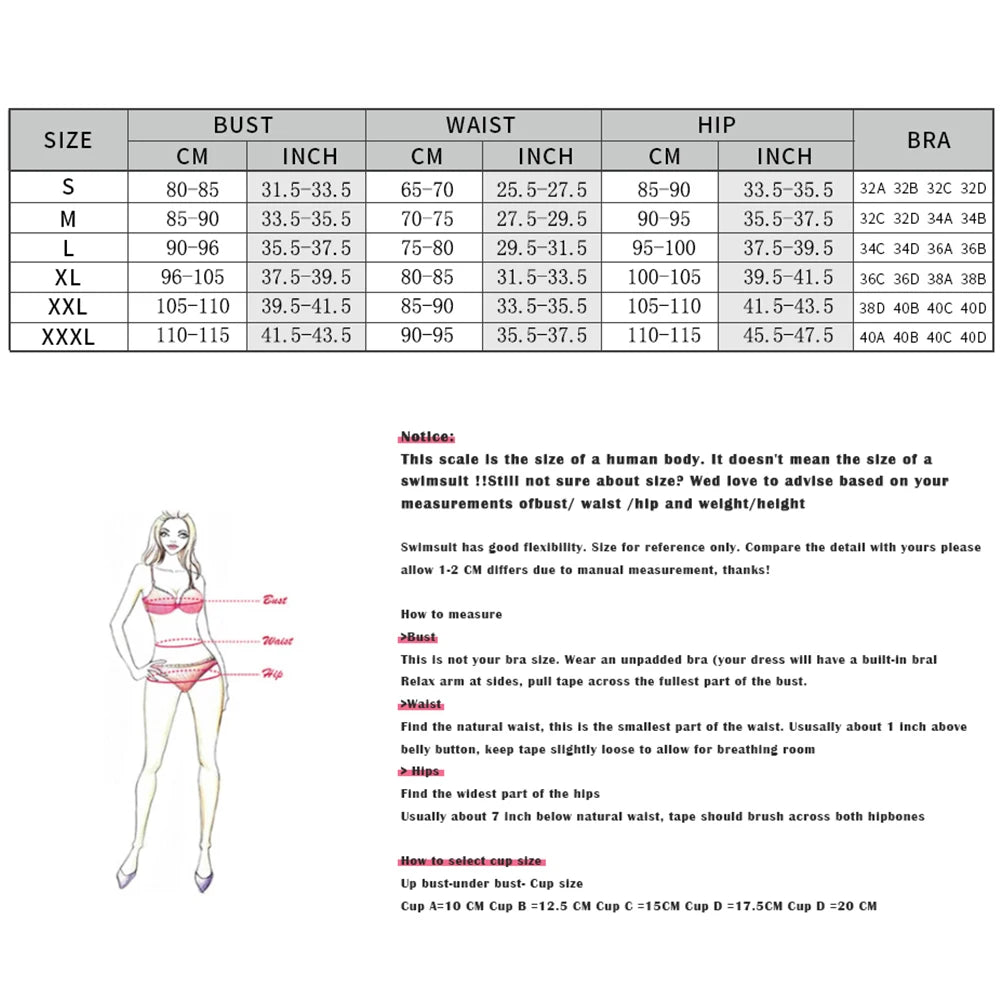 Beachwear bathing suits size chart for women's swimwear fitting guide