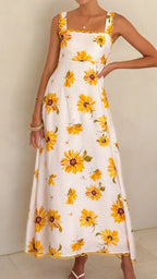 Women's sunflower print maxi dress, perfect for beachwear bathing suits