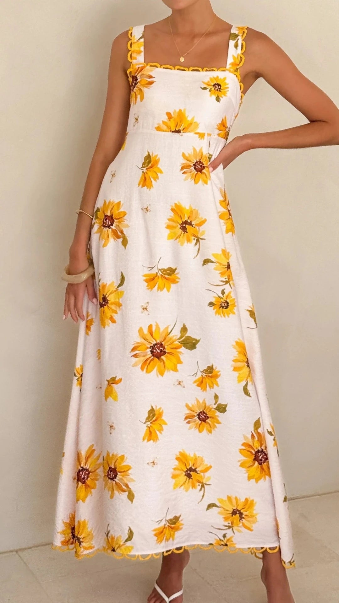 Women's sunflower print maxi dress, perfect for beachwear bathing suits