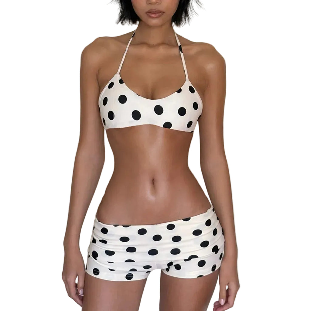 Women's polka dot beachwear bathing suits, perfect for poolside fun