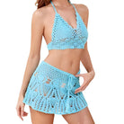Light blue crochet beachwear cover up with halter neck and skirt for stylish beach days