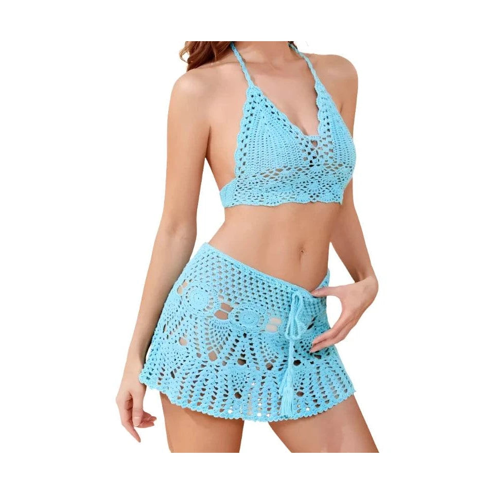 Light blue crochet beachwear cover up with halter neck and skirt for stylish beach days