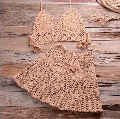 VacationGrabs Crocheted Women's Beachwear Cover Up Set Featuring a Bralette and Skirt