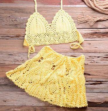 Yellow crochet beachwear cover up set featuring a bralette and skirt for stylish summer outings