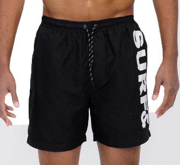 WEIV Men's Black Swim Trunks with Surf Print, perfect beachwear for vacations