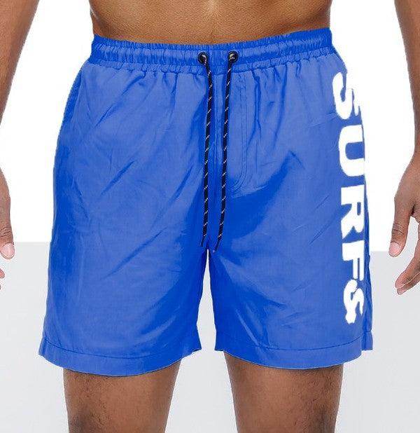 WEIV Men's Blue Swim Trunks with SURFS print, ideal beachwear for vacations
