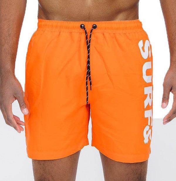 WEIV Men's Orange Swim Trunks with Surf Print, Ideal beachwear for vacations.