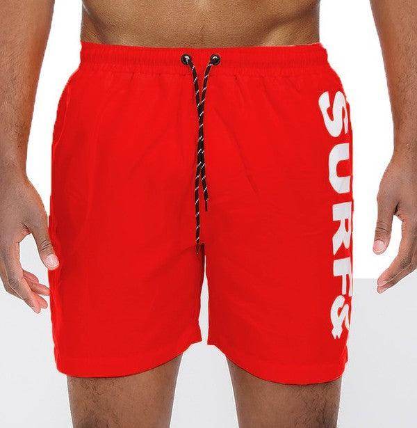 WEIV Red Men's Swimwear with Surf Print, ideal beachwear for vacations.