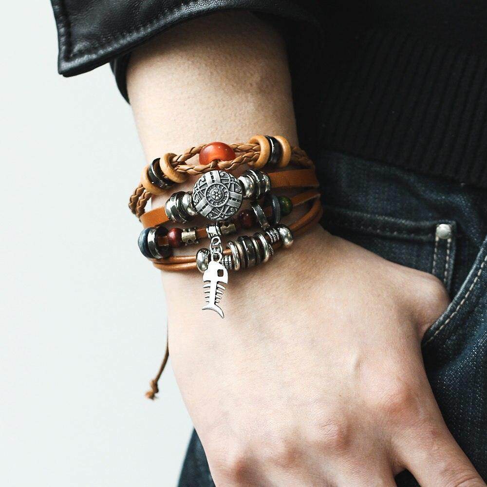 Stylish men's beaded bracelet set featuring leather and metal detailing for a trendy look