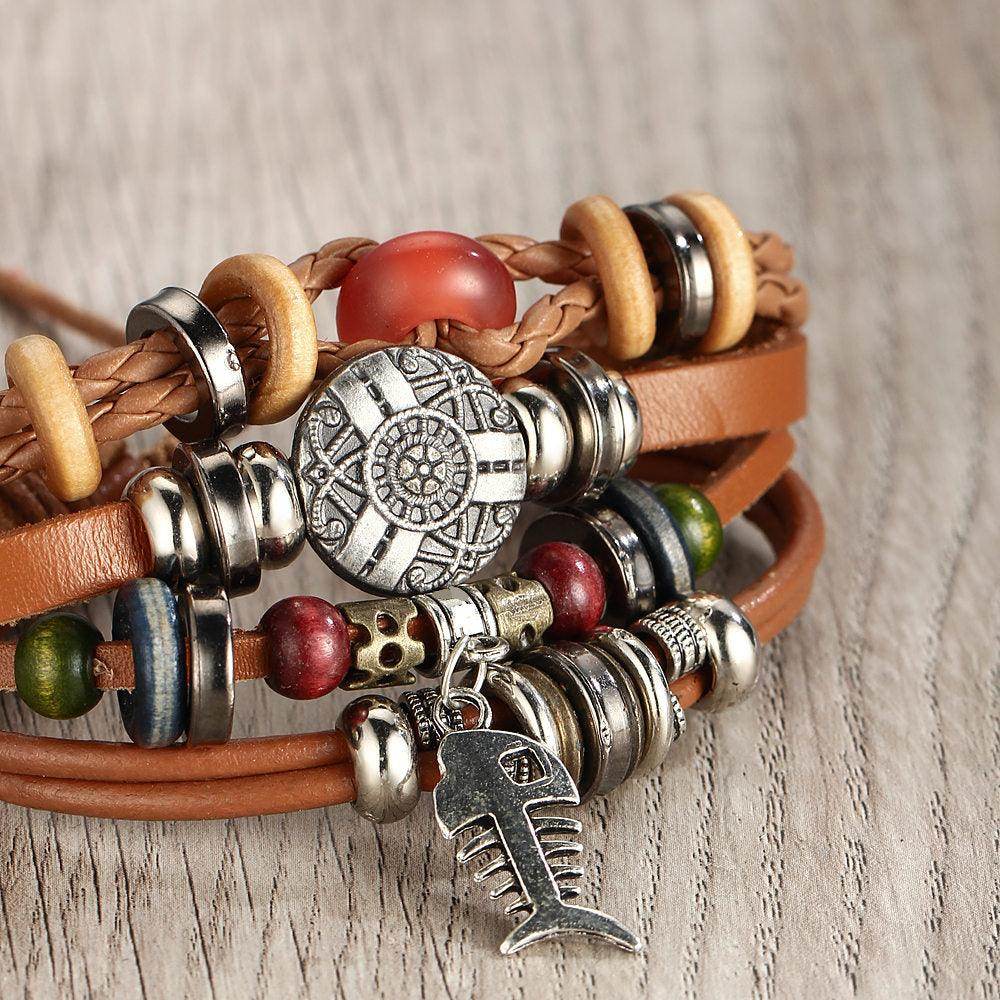Stylish beaded bracelet set featuring leather and colorful beads for men