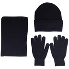 Men's black beanie and hat set with matching gloves for winter warmth
