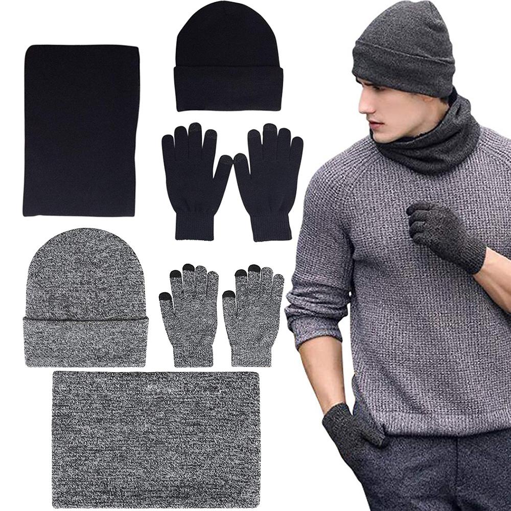 Men's black beanie and hat set, warm knit for winter wear