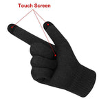 Black touchscreen winter gloves for use with beanie and hat
