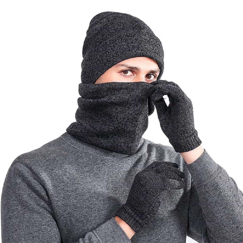 Men's dark gray beanie and hat set for cold weather protection