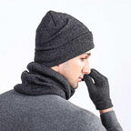 Men's gray beanie and hat set, knit material for warmth