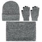 Men's gray knit beanie and hat set with matching gloves for winter wear