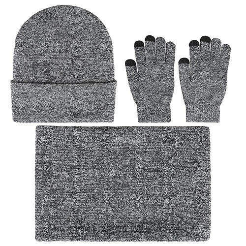 Men's gray knit beanie and hat set with matching gloves for winter wear