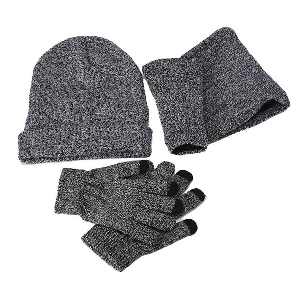 Men's gray beanie and hat set with matching gloves and scarf