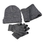 Men's gray beanie and hat set with matching gloves and scarf