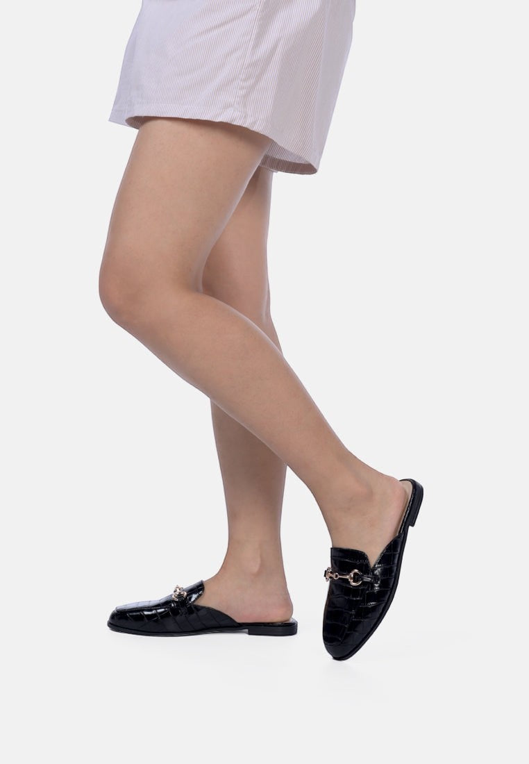 Begonia Buckled Faux Leather Croc Mules