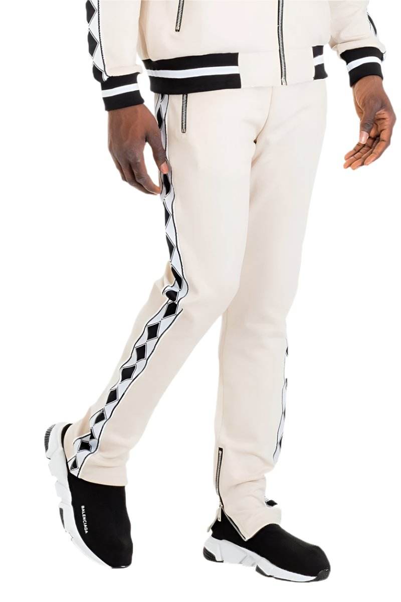Men's 2PC Track Set featuring beige black stripe track pants and a stylish coordinating jacket
