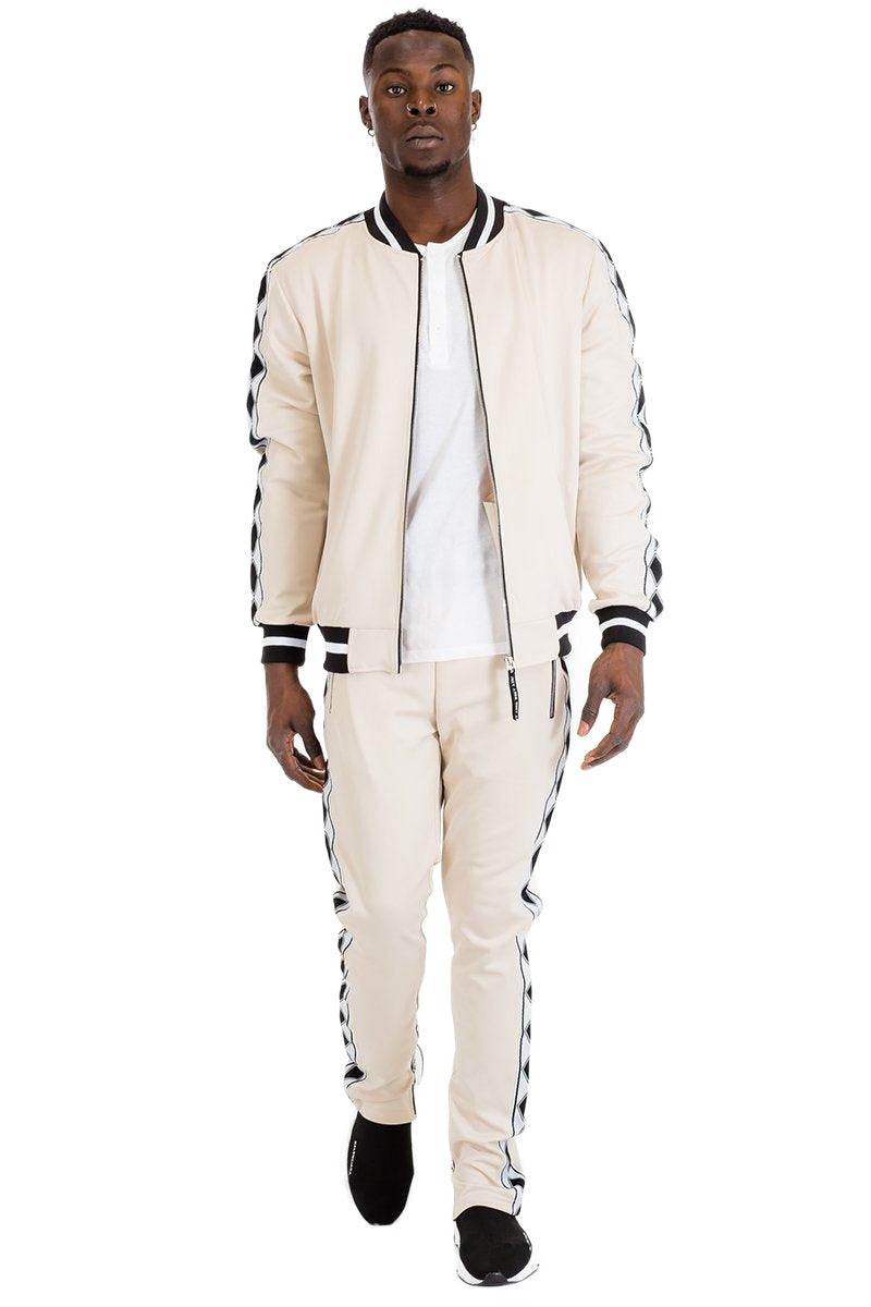 Men's 2PC Track Set featuring beige black stripe track pants and matching bomber jacket for casual wear